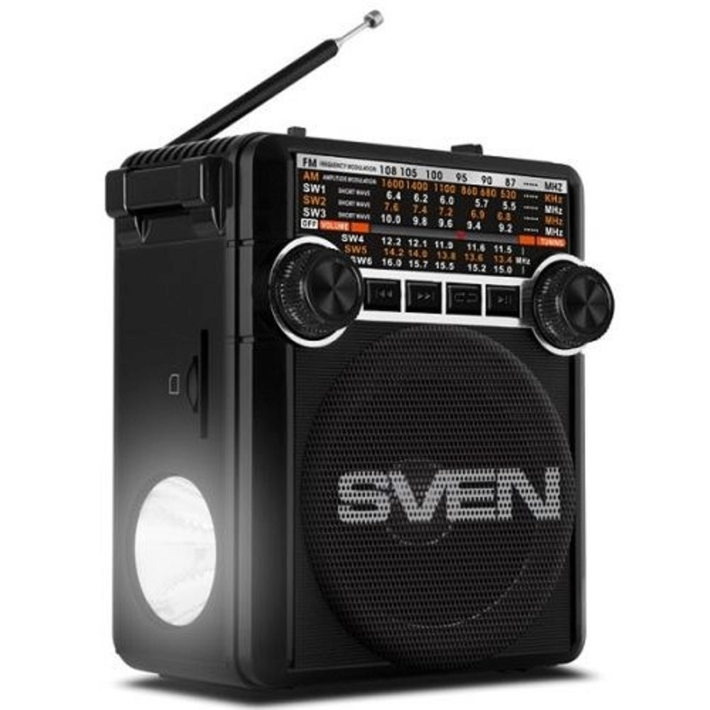 Колонки SVEN SRP-355, черный, радиоприемник (мощность 3 Вт (RMS), FM/AM/SW, USB, SD/microSD, фонарь, встроенный аккумулятор)