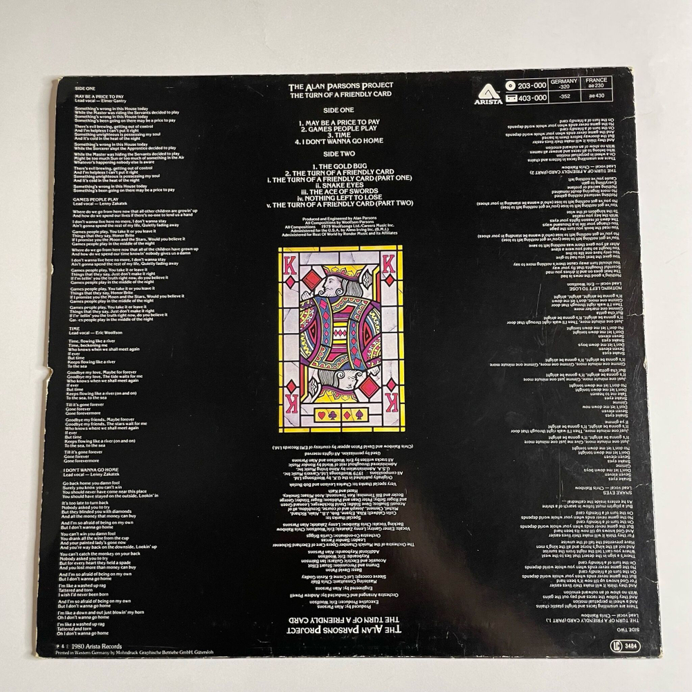 Винтажная виниловая пластинка LP The Alan Parsons Project The Turn Of A Friendly Card (Germany 1981) The Ace Of Swords