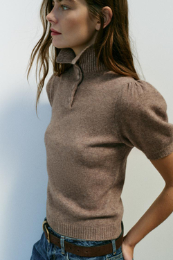 ZARA ТРИКОТАЖНЫЙ ДЖЕМПЕР С КОРОТКИМ РУКАВОМ, РЫЖЕВАТО-КОРИЧНЕВЫЙ