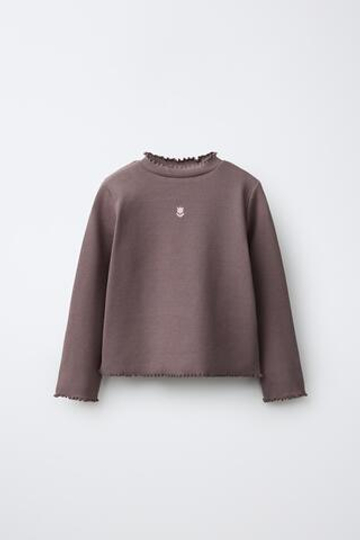 ZARA ФУТБОЛКА В РУБЧИК С ВЫШИВКОЙ, БАКЛАЖАННЫЙ