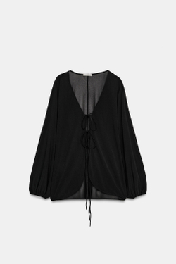 ZARA ТОП ИЗ КРЕПА С ПЫШНЫМИ РУКАВАМИ, ЧЕРНЫЙ