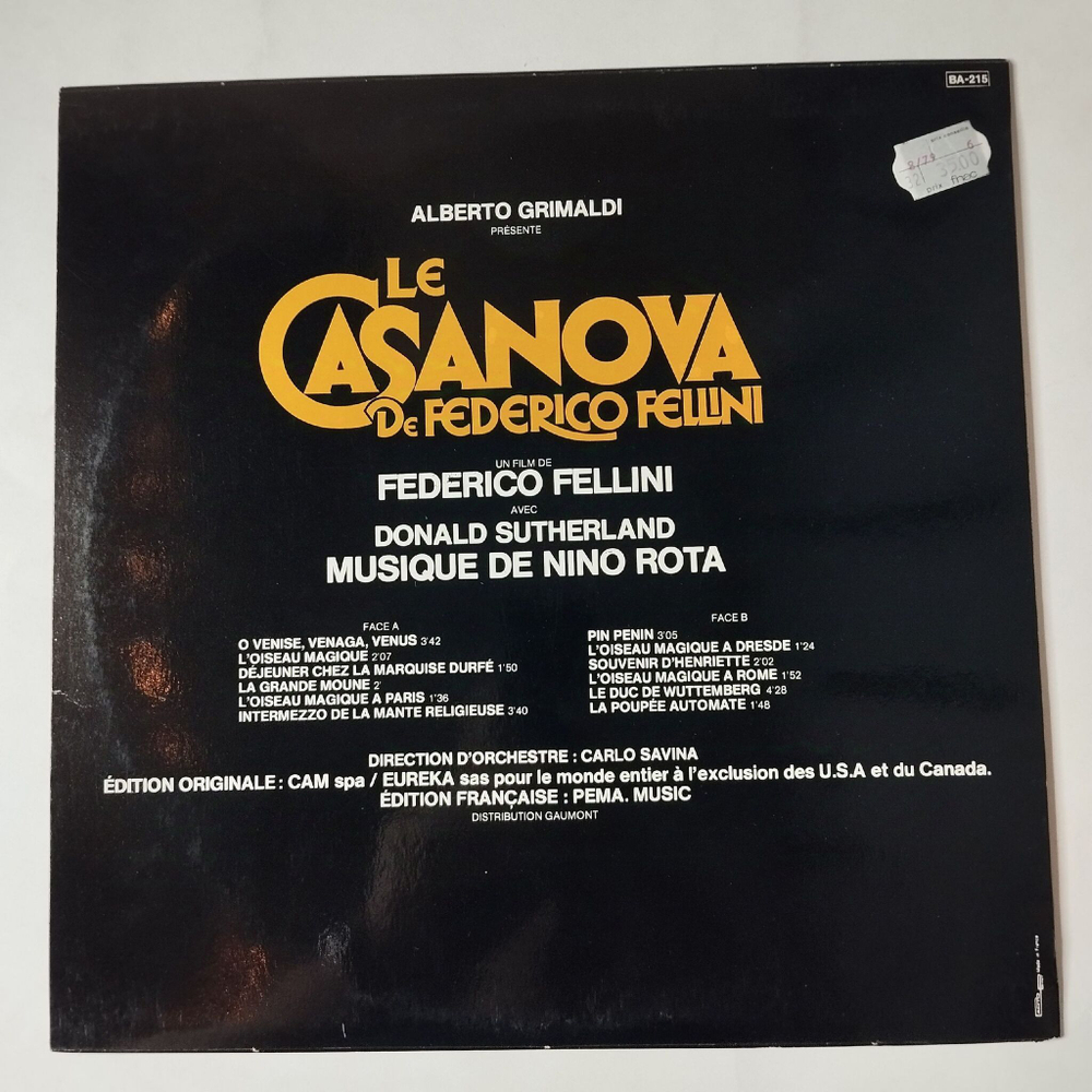Винтажная виниловая пластинка LP Nino Rota Казанова Федерико Феллини Le Casanova De Federico Fellini (Bande Originale Du Film) (France 1977)