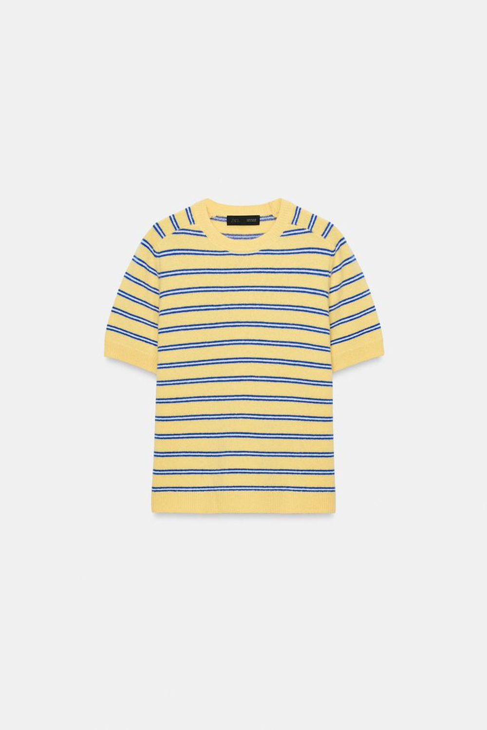 ZARA ПОЛОСАТЫЙ ШЕРСТЯНОЙ СВИТЕР С КОРОТКИМ РУКАВОМ, ЖЕЛТЫЙ