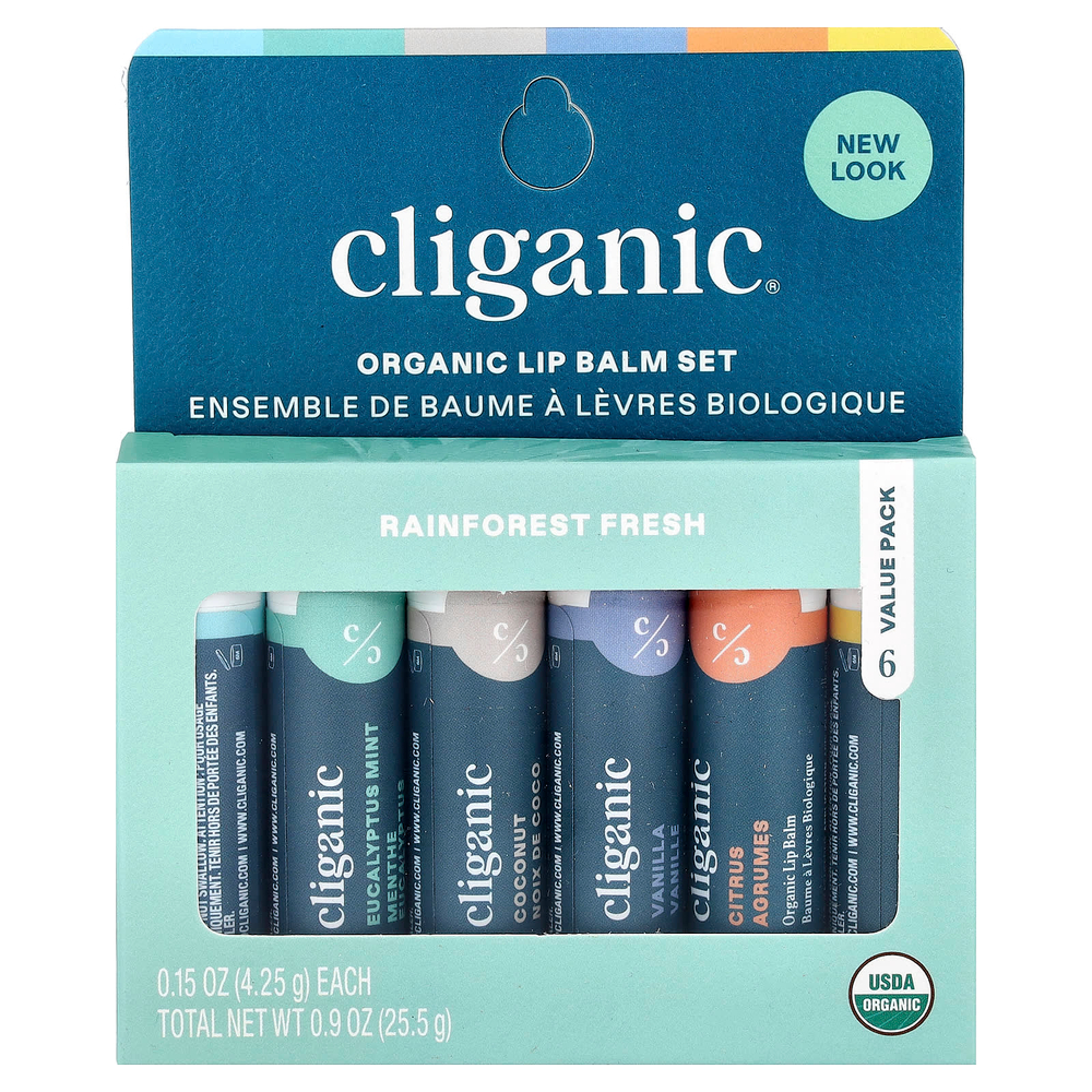 Cliganic, Набор органических бальзамов для губ, Rainforest Fresh, 6 упаковок по 4,25 мл (0,15 жидк. Унции)
