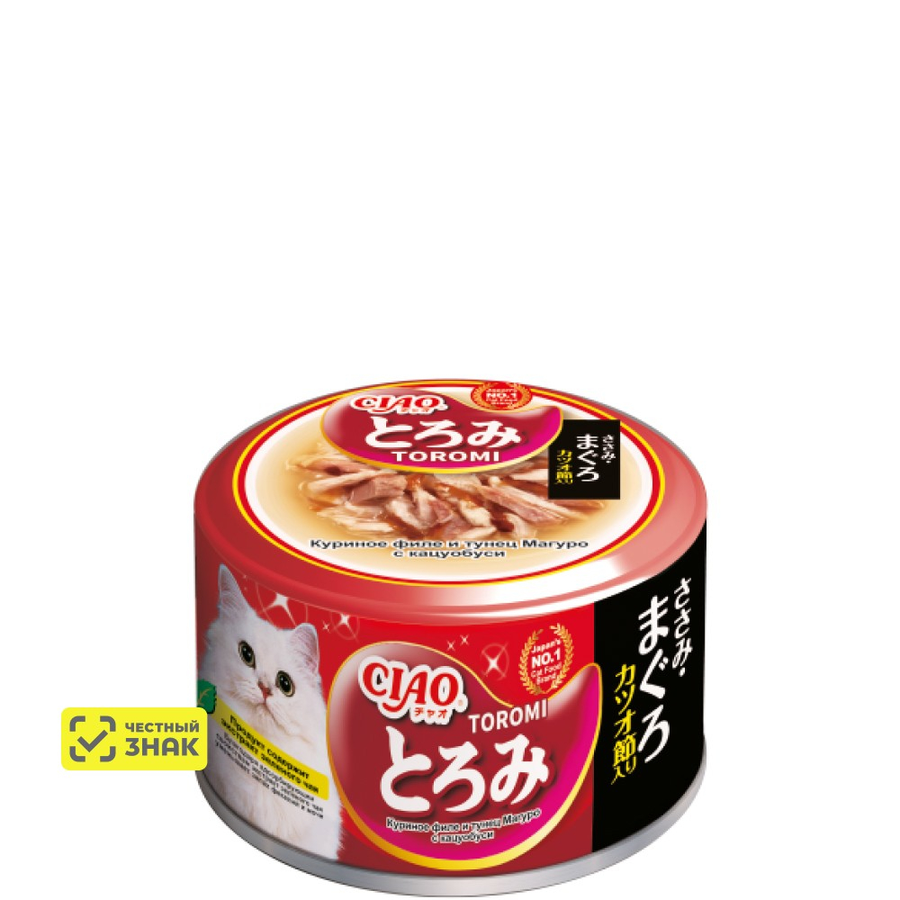 Inaba Ciao Toromi 80 г консервы для кошек куриное филе с тунцом кацуо и мальками ширасу в бульоне