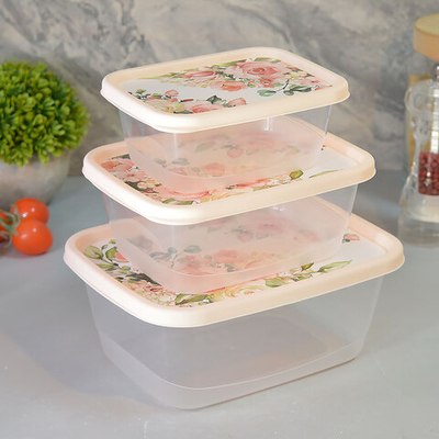 Комплект контейнеров для продуктов 3шт (0,5л, 0,85л, 1,5л), прямоугольные, "Розы", светло-розовый
