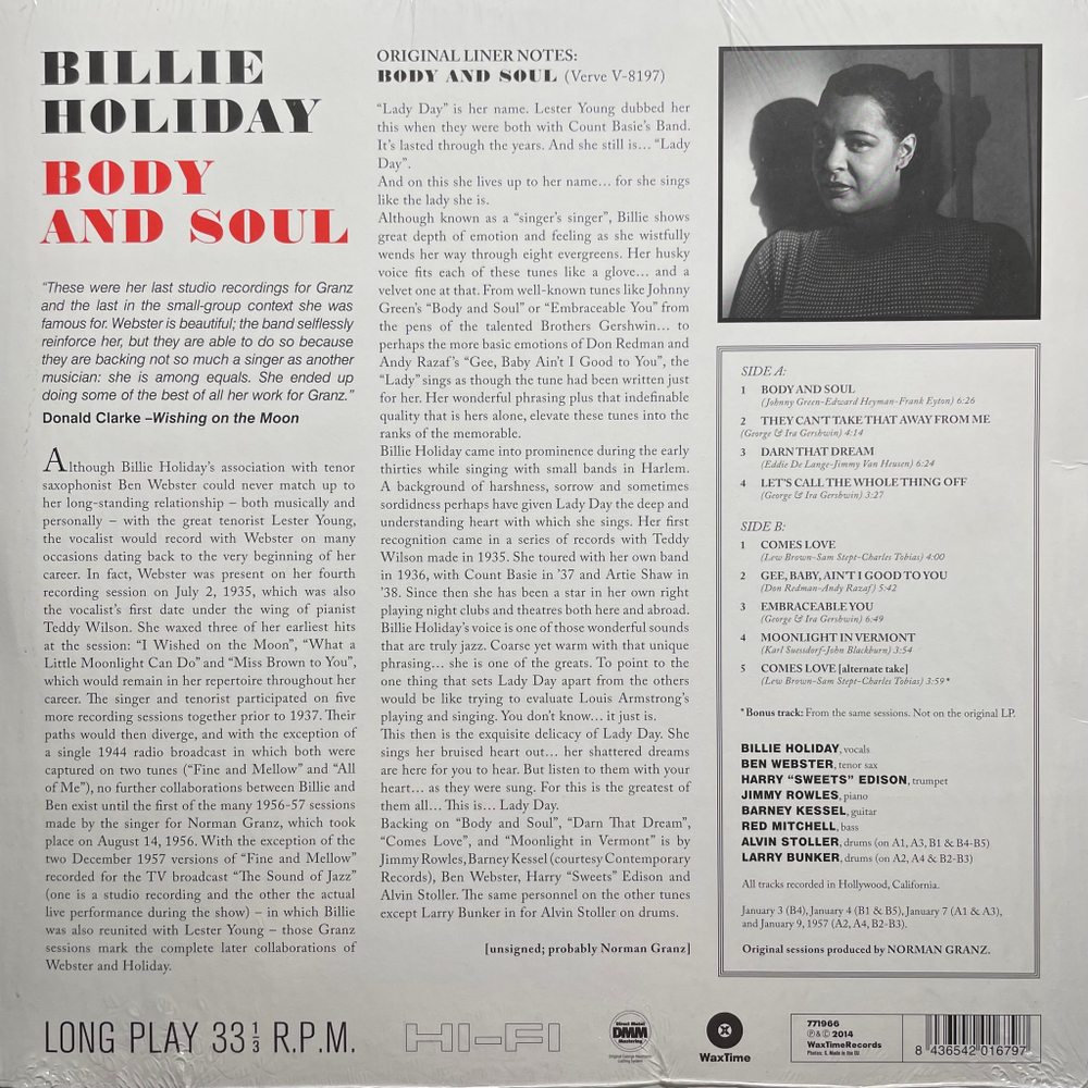 Billie Holiday ‎– Body And Soul (Европа 2014г.)
