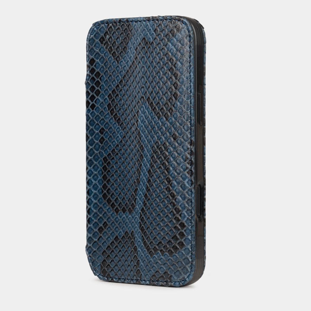 Чехол-книжка кожаная для iPhone 16 Pro Max, питон синего цвета