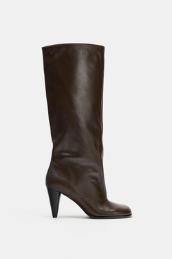ZARA КОЖАНЫЕ САПОГИ НА КАБЛУКЕ, КОРИЧНЕВЫЙ