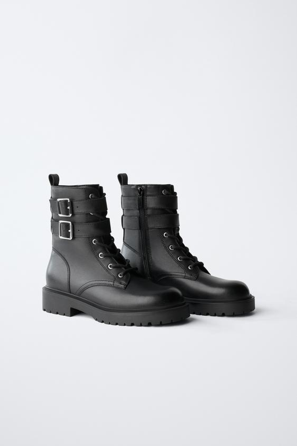 ZARA КОЖАНЫЕ САПОГИ С ДВОЙНОЙ ПРЯЖКОЙ, ЧЕРНЫЙ