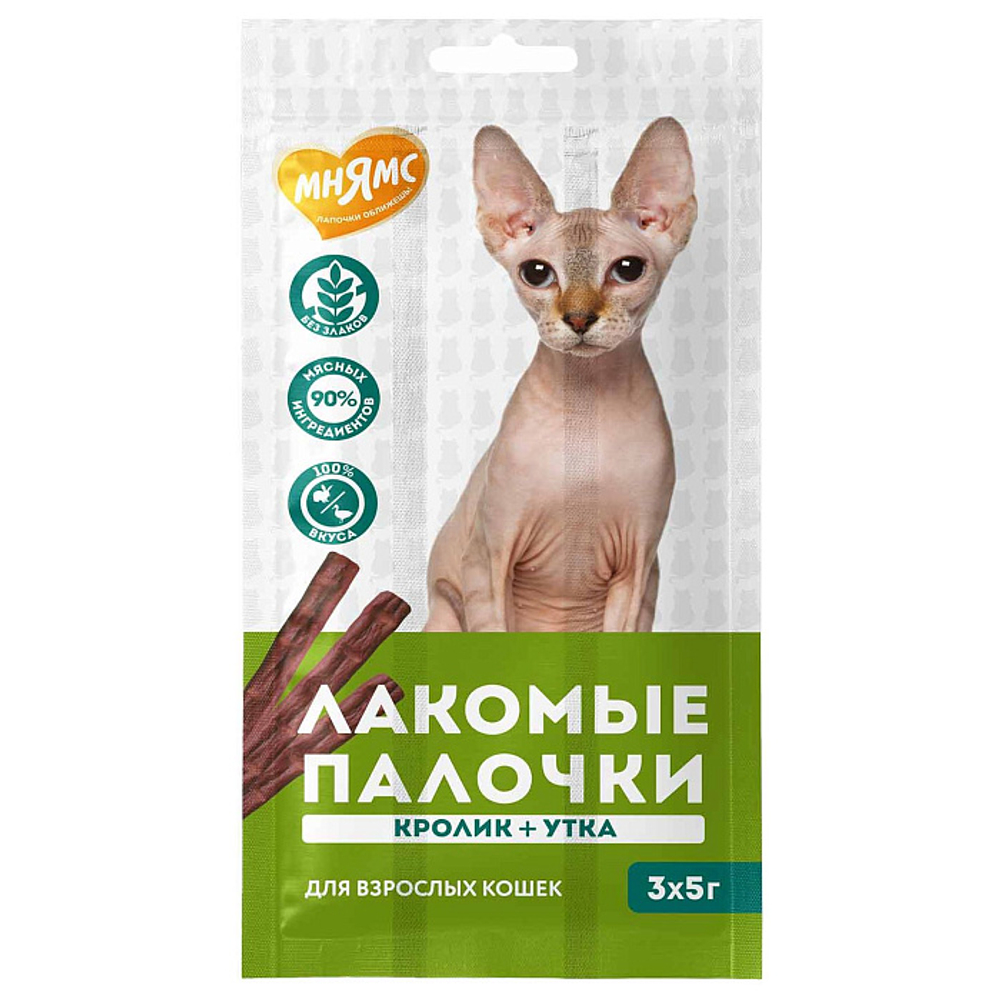 Лакомство для кошек Мнямс лакомые палочки с уткой и кроликом 3х5 г