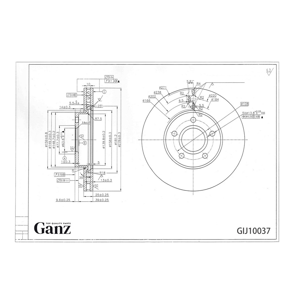 Диск тормозной GANZ передний с покрытием FORD Focus III / C-Max II / VOLVO V40 12> Арт.: GIJ10037