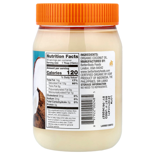BetterBody Foods, рафинированное органическое кокосовое масло, 458 мл (15,5 жидк. унции)