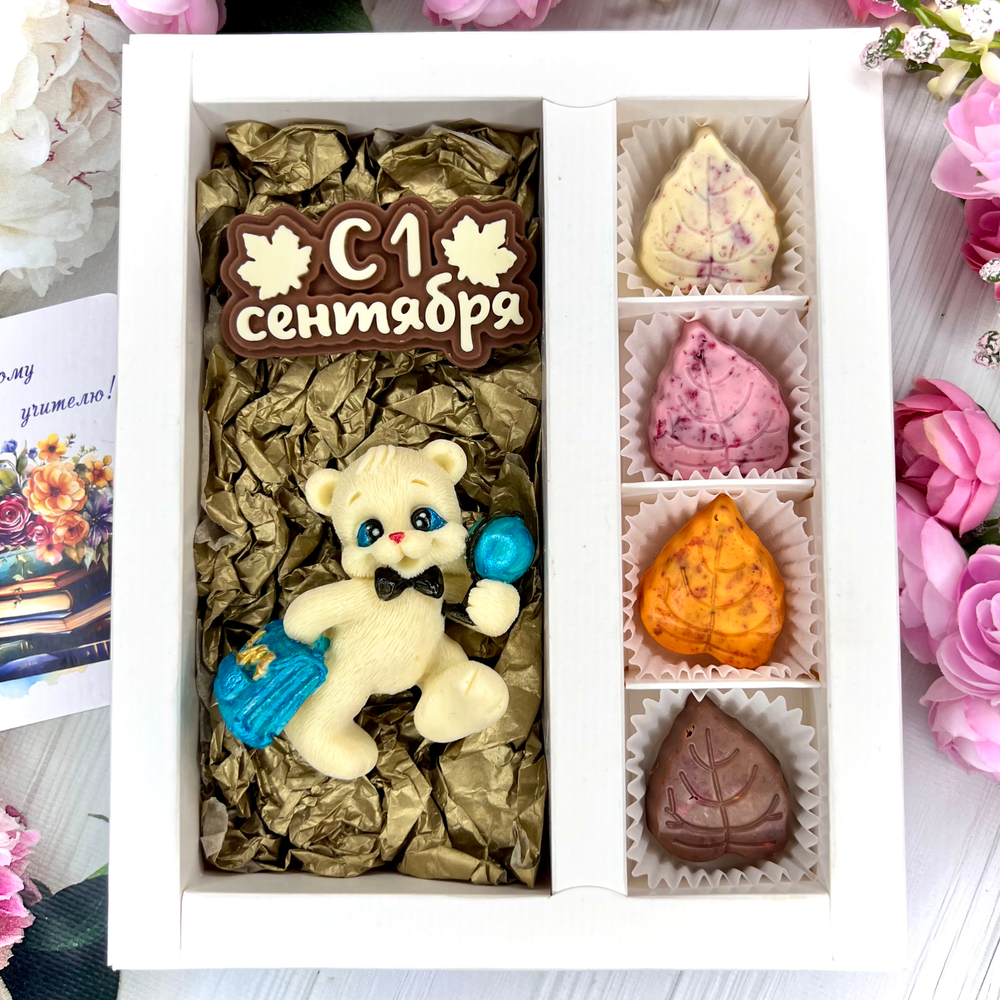 Шоколадный набор "С 1 сентября. Мишка с портфелем»: шоколадка-надпись и 4 конфеты ручной работы