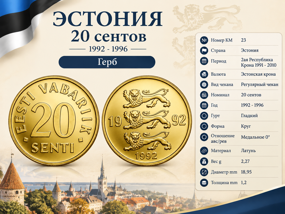 Эстония 20 сентов, 1992 Герб XF