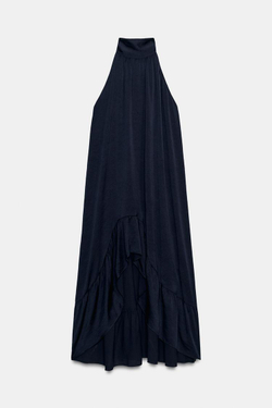 ZARA ПЛАТЬЕ МИДИ ХАЛТЕР С ВОЛАНОМ СНИЗУ, МОРСКОЙ СИНИЙ