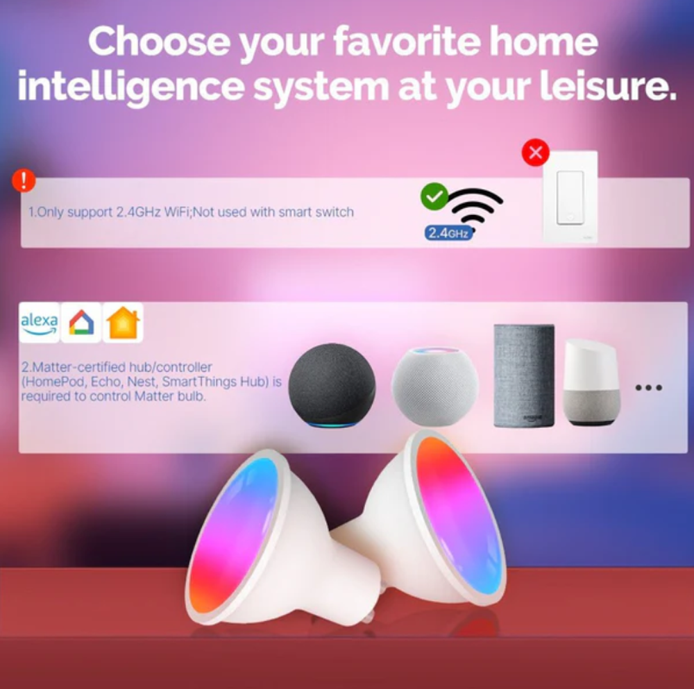 Умная лампочка MOES Matter WiFi LED Bulb GU10 (RGB+CW) 4.7W (MWB-TD5-RCW-GU10)