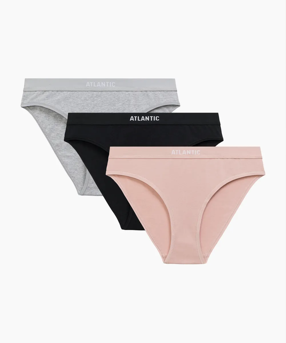 Трусы женские спорт Atlantic, набор из 3 шт., хлопок, черный + пепельная роза + серый меланж, 3CLP-012