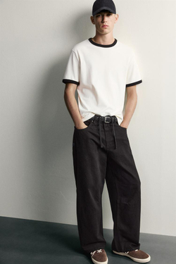 ZARA БРЮКИ С ПРИНТОМ BARREL FIT НА ШНУРКЕ, ЧЕРНЫЙ