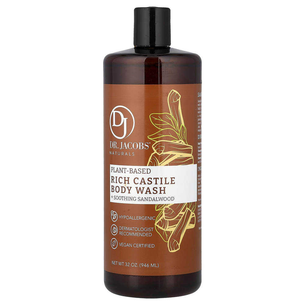 Dr. Jacobs Naturals, Насыщенный гель для душа из кастильского дерева на растительной основе, успокаивающее сандаловое дерево, 946 мл (32 унции)