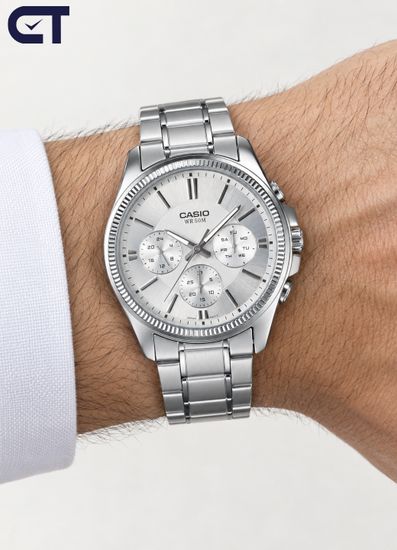 CASIO MTP-1375D-7A ENTICER MEN мужские наручные часы — светлый циферблат, день недели и дата в классическом стальном корпусе