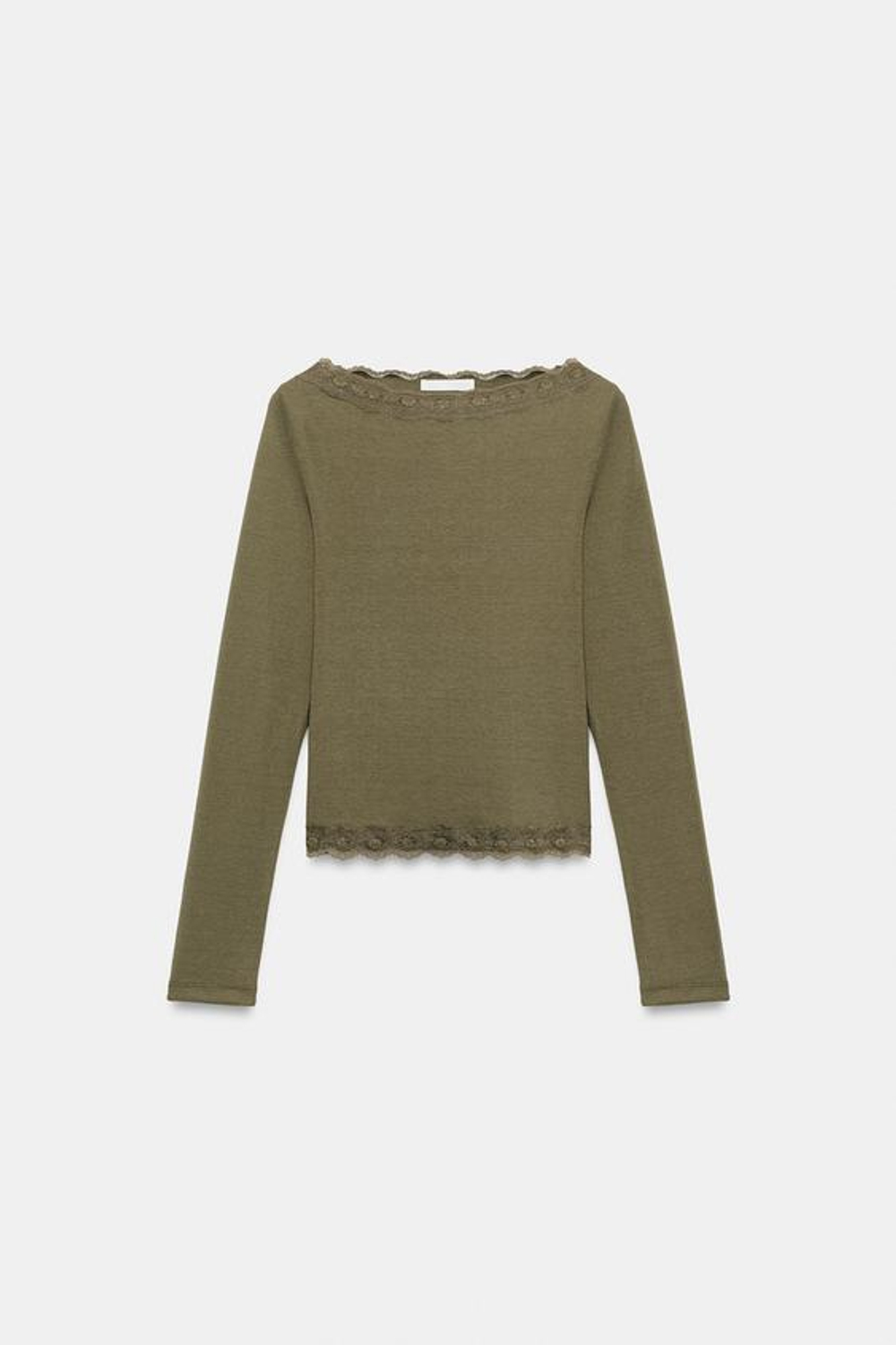 ZARA ТОП С КРУЖЕВНЫМ ВЫРЕЗОМ ЛОДОЧКОЙ, ХАКИ