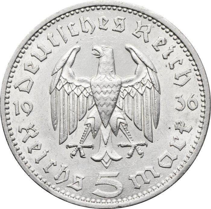 5 рейхсмарок 1936 Германия (Третий Рейх) "A", Орел без свастики (Гинденбург)