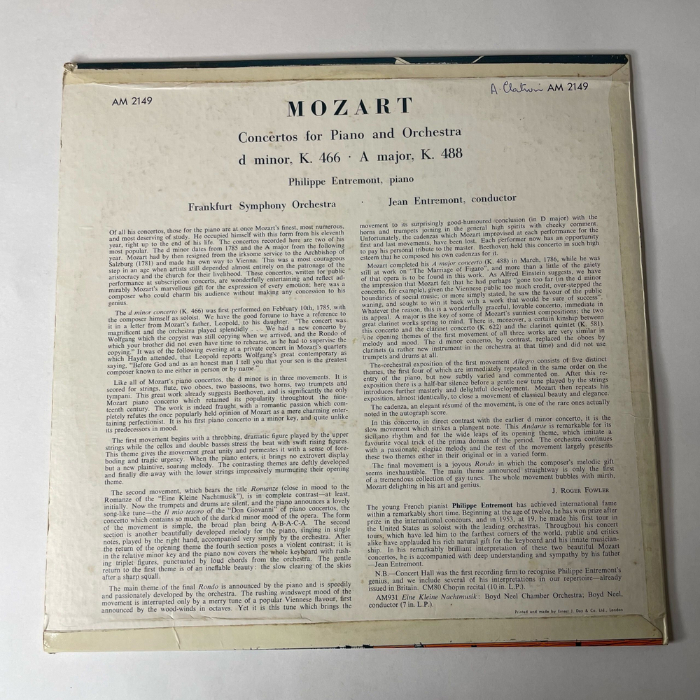 Винтажная виниловая пластинка LP Mozart Моцарт, Philippe Entremont, Frankfurt Symphony Orchestra, Jean Entremont 2 Piano Concertos (Англия 1961)
