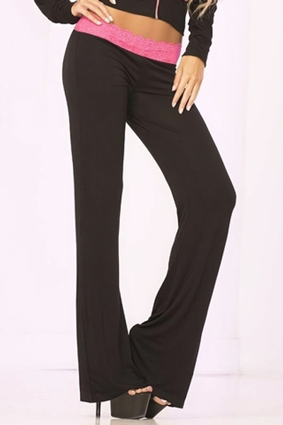 Клубные брючки с кружевным поясом и декоративной шнуровкой LACE TRIM LOUNGE PANTS (Размер: S) (Цвет: черный с розовым)