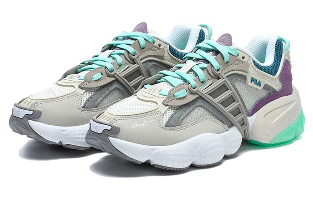 Magic Stick x FILA LADDER Textile, Synthetic Leather, TPU Low top Chunky Sneakers Women"s Gray Green