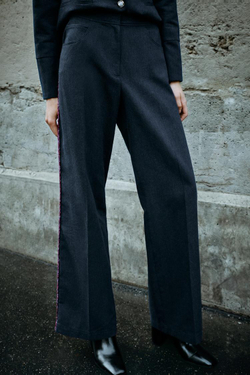 ZARA БРЮКИ ПРЯМОГО КРОЯ С ТЕСЬМОЙ, СИНИЙ