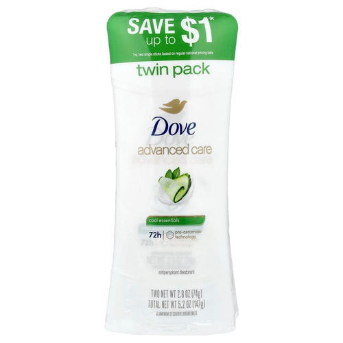 Dove, Advanced Care, дезодорант-антиперспирант, свежесть, набор из 2 шт. по 74 г (2,6 унции)