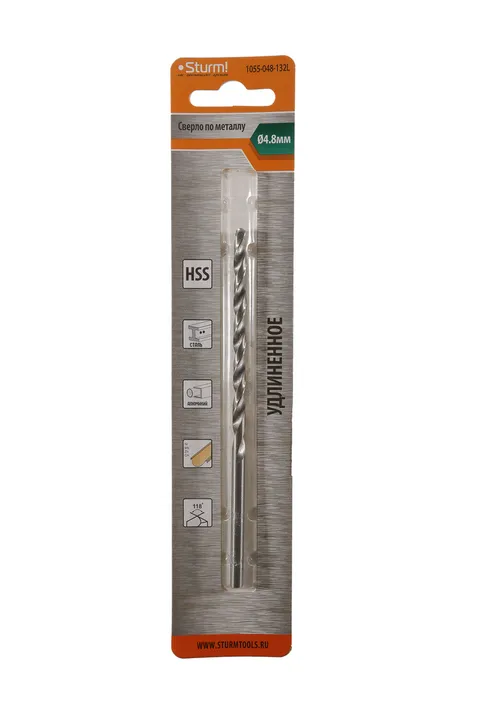 Сверло по металлу Sturm! 4,8х132 мм, сталь HSS, удлинен., 118° ,блистер 1 шт