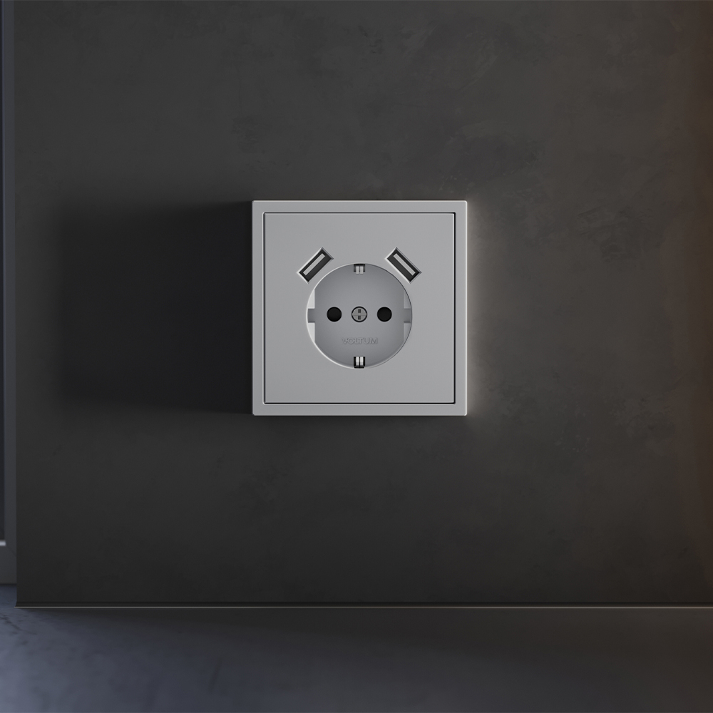 Накладка для розетки с заземлением и защитными шторками, с USB A+A, (серый) Voltum S70 VLS000916