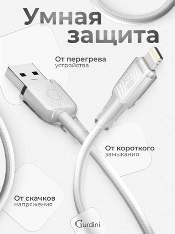 Кабель USB-A to Lightning Gurdini Braided Data Cable 2.4A 1m белый
