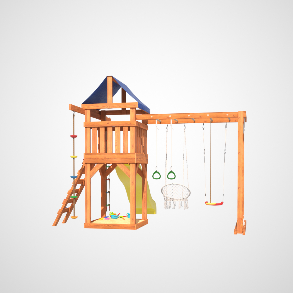 Детская площадка Fun Land с модулем сетка-рукоход, подвесным креслом и качелями
