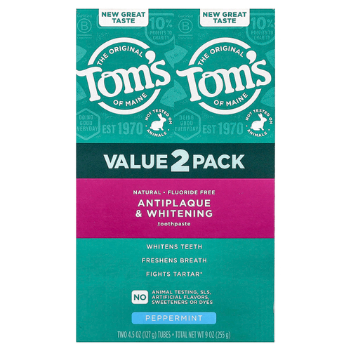 Tom's of Maine, отбеливающая зубная паста против зубного налёта, без фторидов, перечная мята, 2 шт. по 127 г (4,5 унции)