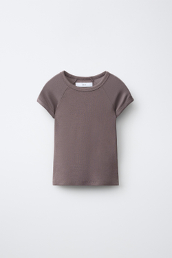 ZARA ОДНОТОННАЯ ФУТБОЛКА ИЗ ХЛОПКА И МОДАЛА, СЕРОВАТО-КОРИЧНЕВЫЙ