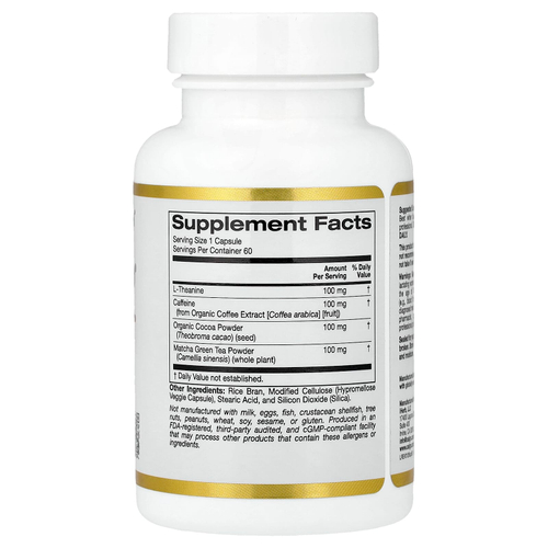 California Gold Nutrition, TheanineUP®, L-теанин, кофеин, какао и матча, 60 растительных капсул