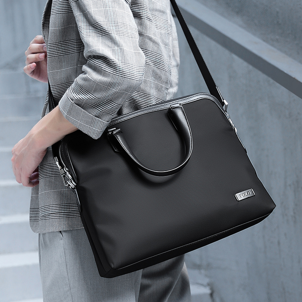 POLO Textile, Synthetic Leather Shoulder Bag, Men"s Handbag, Briefcase Large Men"s Black
