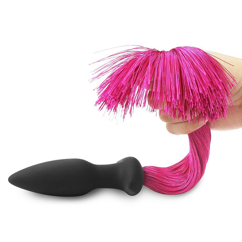 Черная анальная пробка с розовым хвостом Silicone Anal Plug with Pony Tail (Цвет: черный с розовым)