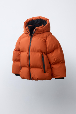 ZARA СТЕГАНОЕ ПАЛЬТО WATER REPELLENT С КАПЮШОНОМ, МЯГКИЙ ОРАНЖЕВЫЙ