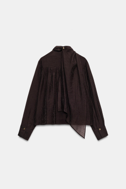 ZARA РУБАШКА С ШАРФОМ, КОРИЧНЕВЫЙ