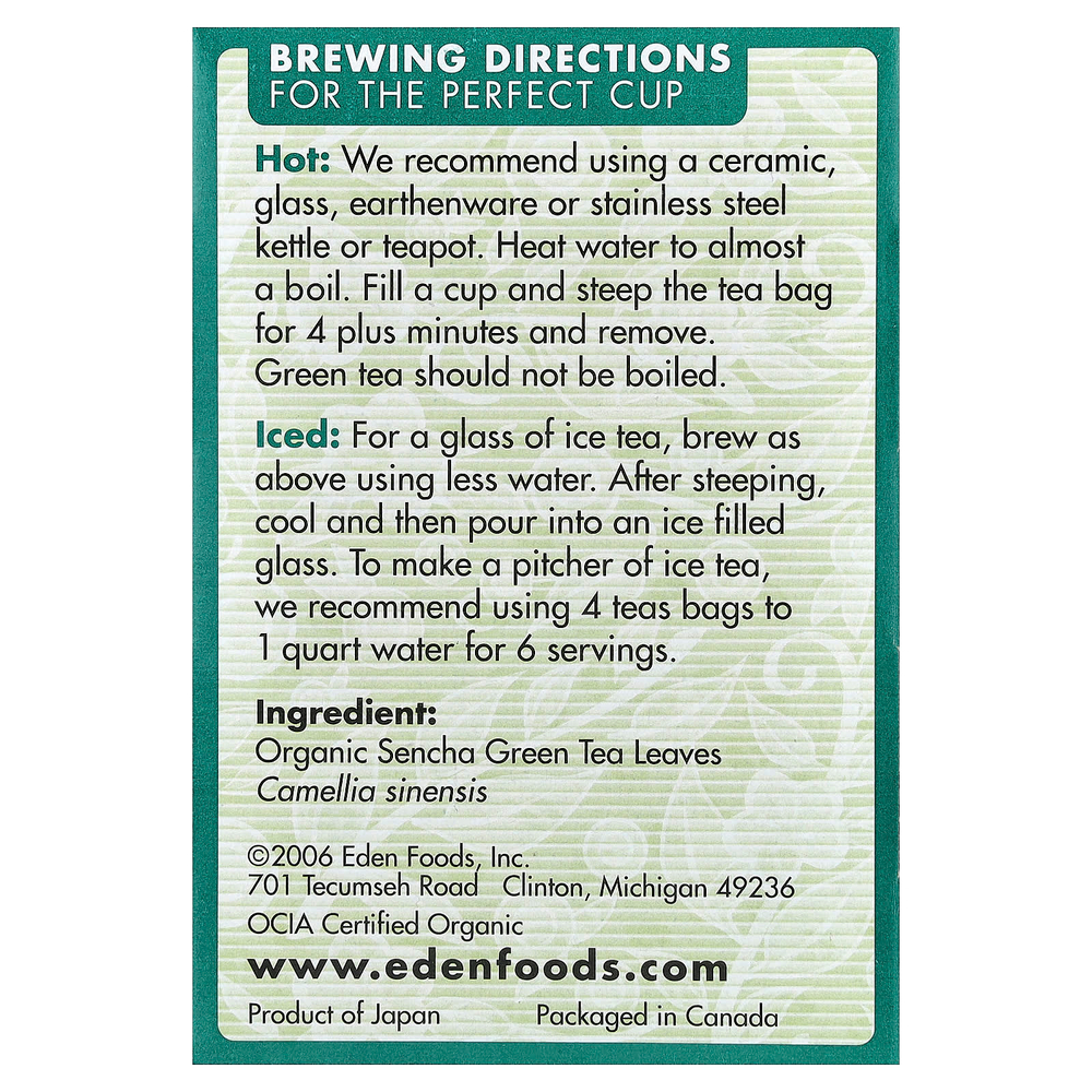 Eden Foods, органический сенча, зеленый чай, 16 чайных пакетиков, 24 г (0,84 унции)