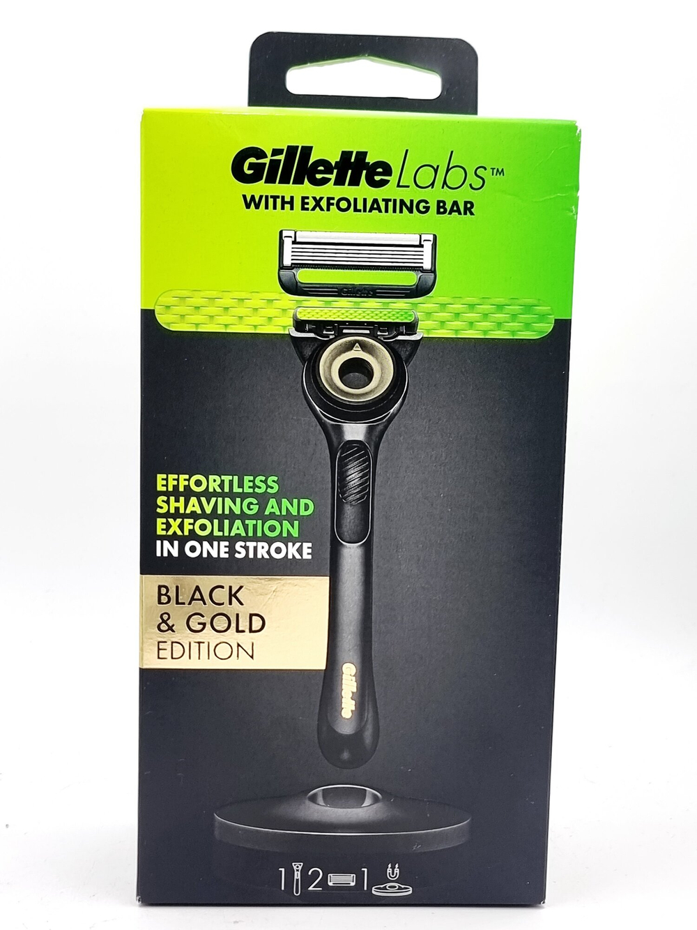 Бритвенный станок Gillette Labs with Exfoliating Bar BLACK & GOLD , сменные кассеты 2 шт. (Из Финляндии)