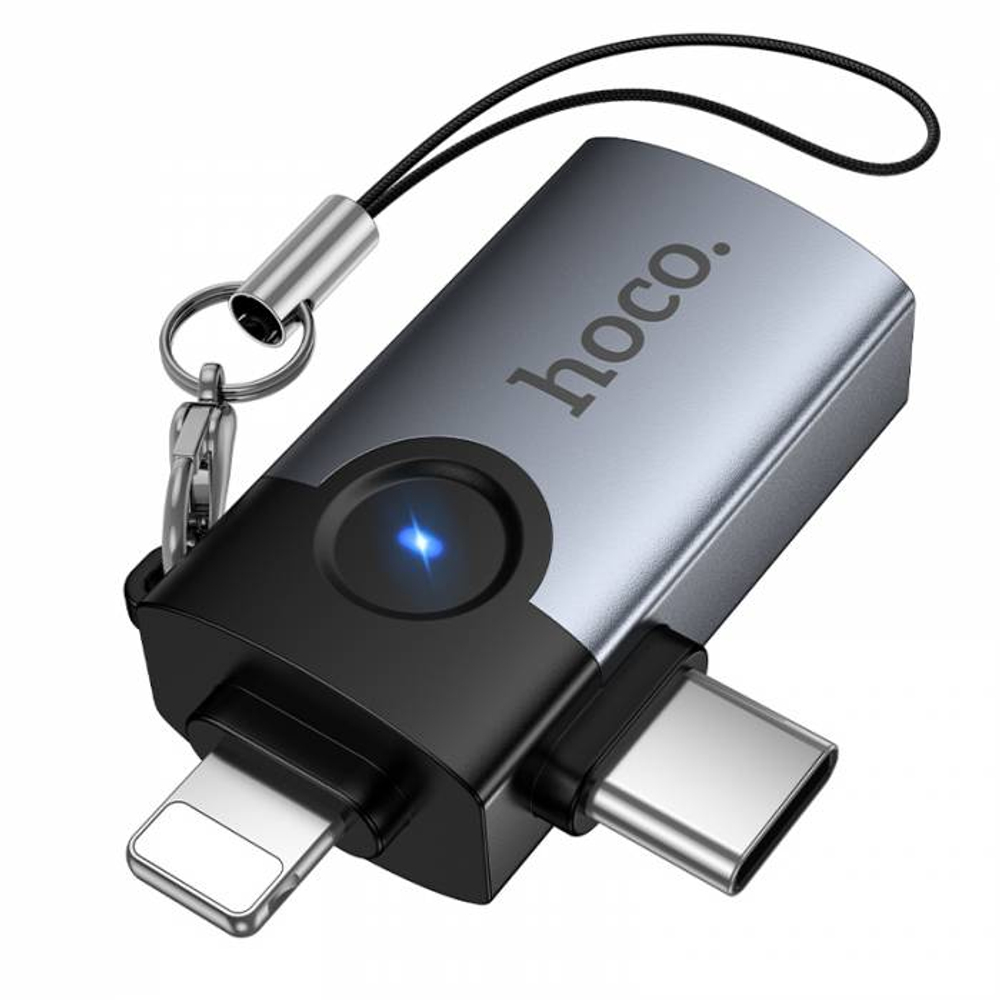 OTG Переходник Hoco UA46D iP штекер/Type-C штекер на USB гнездо 2-в-1 адаптер