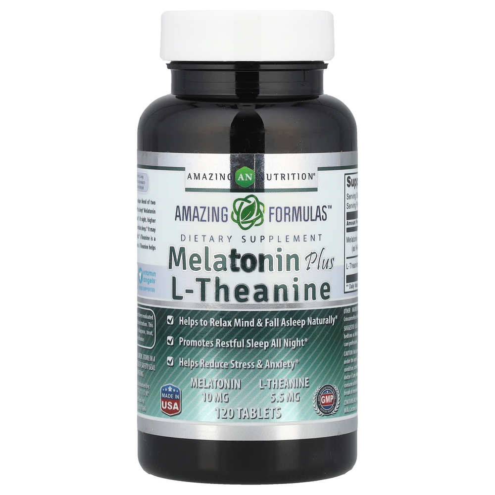Amazing Nutrition, Мелатонин с L-теанином, 10 мг, 120 таблеток