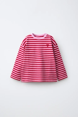ZARA ЛОНГСЛИВ В ПОЛОСКУ С ВЫШИВКОЙ «СЕРДЦЕ», РОЗОВЫЙ