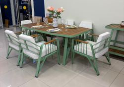 Столовая группа Ocean Dinning Set 6. Стол и 6 кресел из алюминия и ироко. Шалфейно-зелёный (Sage Green)
