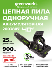 Аккумуляторная цепная пила Greenworks GD40TCS, 2003807,40v, 25 см, без АКБ и ЗУ
